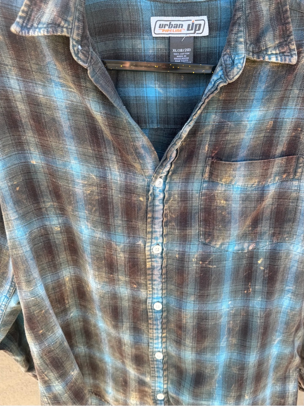 Y2K Blue Brown Plaid Flannel Distressed Bleach Grunge Button Collar Fall Shirt - Picture 8 of 8